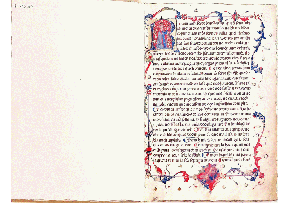 Llibre dels Feyts-rey Jaime I de Aragón-Celesti Destorrents-manuscrito iluminado códice-libro facsímil-Vicent García Editores-1 abierto.